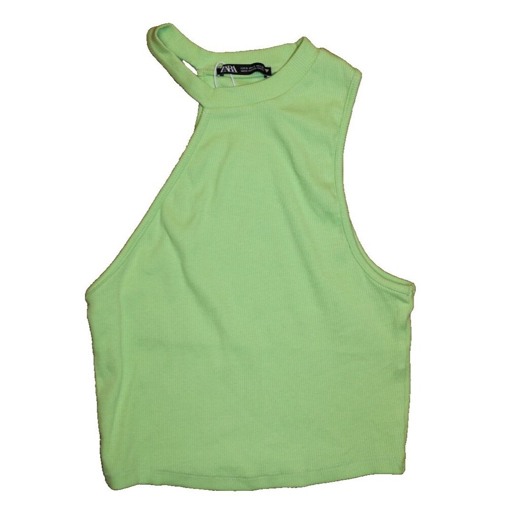Zara Lime Green Ribbed Halter Tank Crop Top High Neck Fitted Stretch NWT S
